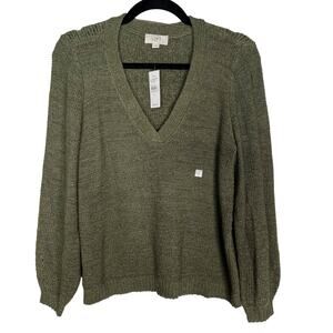New LOFT Medium M Olive Green Deep V Neck Open Knit Sweater Long Sleeve